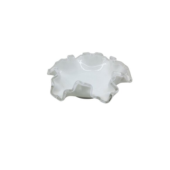 Vintage Fenton Silver Crest White Milk Glass Ruffled Edge Bowl Decorative Center - Picture 10 of 13